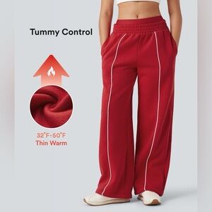 Halara Red Double Waistband High-Waisted Color Block Fleece Wide Leg Pants Med